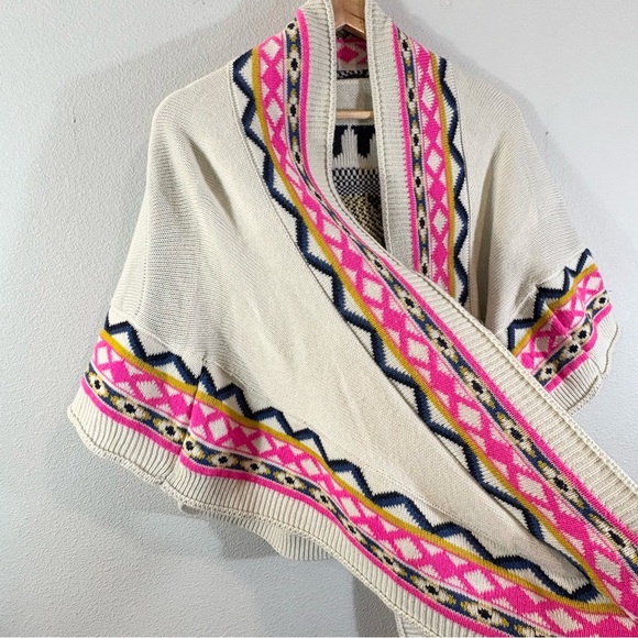 Evil Eye Poncho One Size Cream Pink Multicolor Boho Sweater Knit Wrap Shawl - Picture 3 of 13